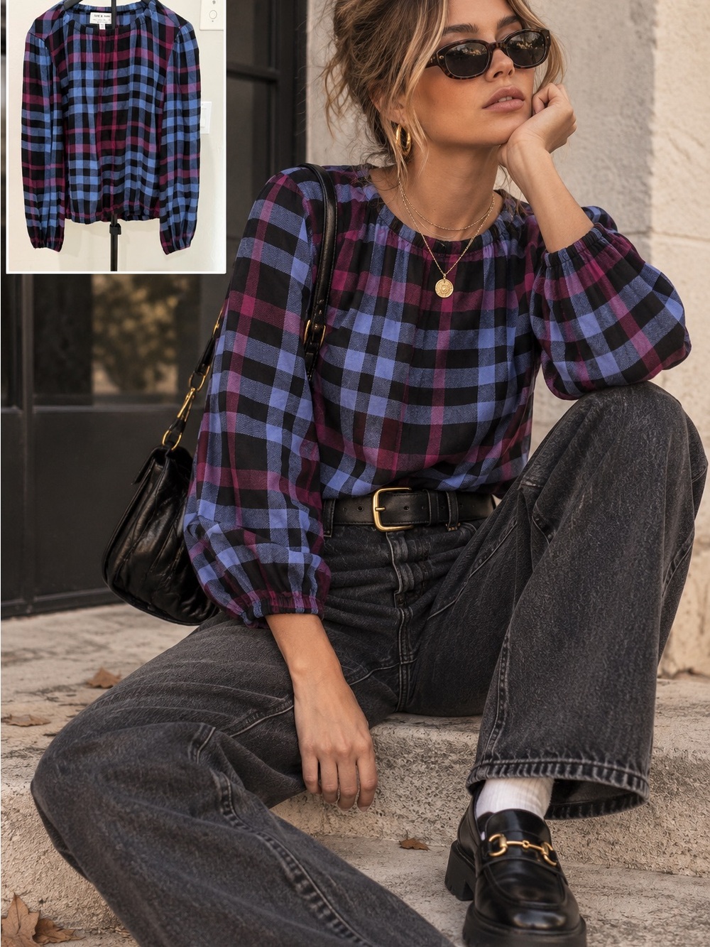 Anthropologie Plaid Balloon-Sleeve Blouse - Blue & Purple Dark Academia